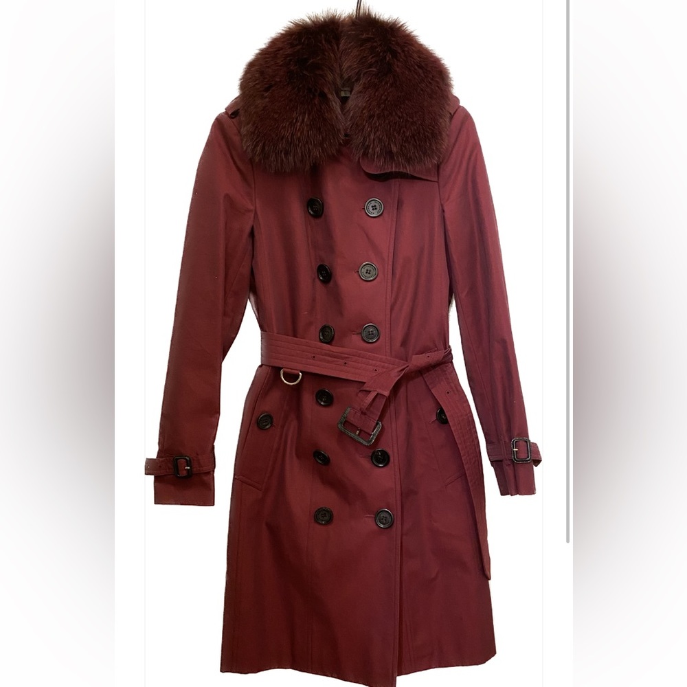 Burberry crimson fox fur collar trench coat